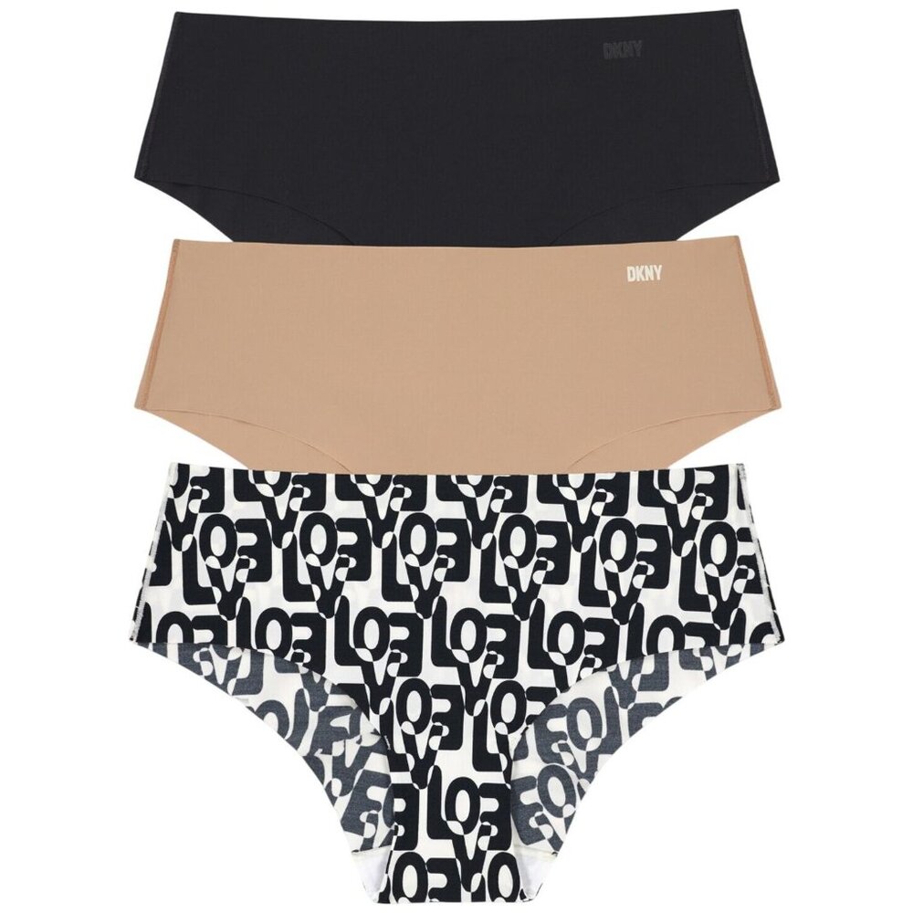 NEW DKNY 3-Pk. Litewear Cut Anywear Hipster Underwear Black Glow Love Print S